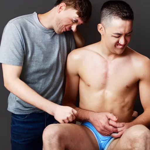 Image similar to man getting his armpits tickled by another man