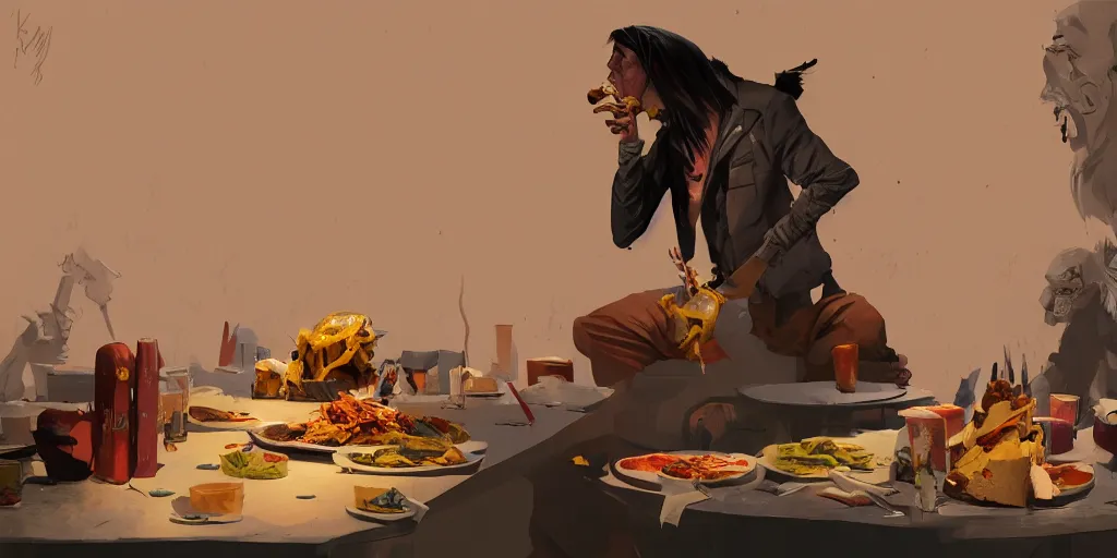 Prompt: cartoonish iggy pop eating dinner, vivid colors, character sheet, fine details, concept design, contrast, kim jung gi, greg rutkowski, trending on artstation, 8 k, full body, turnaround, front view, back view, ultra wide angle