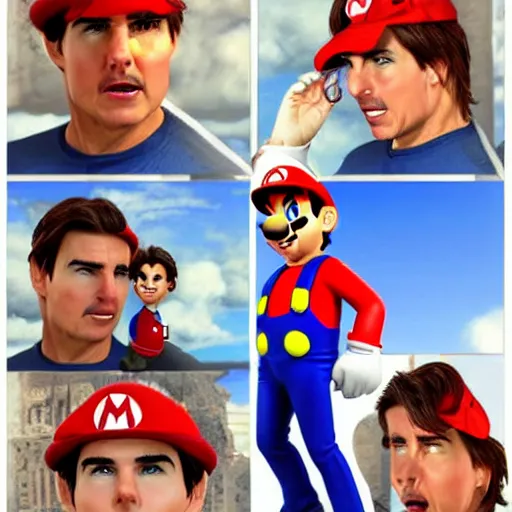 Prompt: tom cruise as mario!!!!!!!! hyper realistic