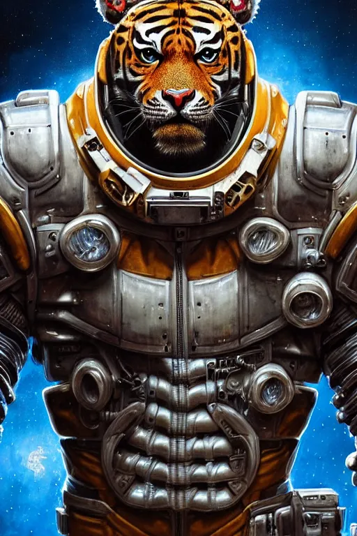 Image similar to a portrait of a muscular anthropomorphic cyberpunk tiger in spacesuit armor with ensignia on chest plate by sandra chevrier, by jon foster, detailed render, post - processing, extremely hyperdetailed, intricate, epic composition, cybernetics, 4 k realistic, cryengine, realistic shaded lighting, sharp focus, masterpiece, by enki bilal