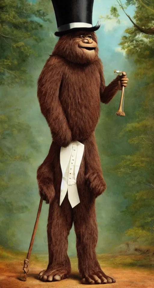 Prompt: a high class bigfoot wearing a top hat and carrying a cane