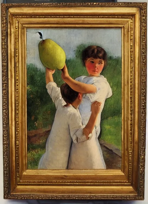 Prompt: vintage beautiful painting of 2 young men carrying a big pear in a village in Mary Cassatt style