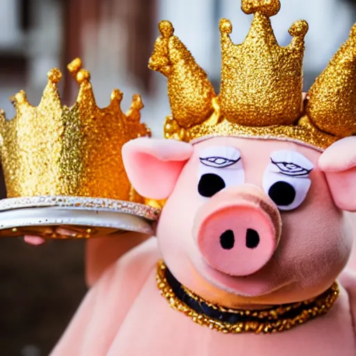 Image similar to pig hiker wearing a gold crown as a Muppet holding a silver platter 8k