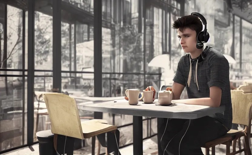 Image similar to a male teenager with headphones in a cafe sitting in front of a table with a coffee, digital painting, masterpiece, digital art, concept art, octane render, unreal engine 5, trending on deviantart, highly detailed, high quality, 4 k, cartoon, high coherence, realistic, anatomically correct, five fingers, relaxing, realistic and detailed face, beautiful, elegant