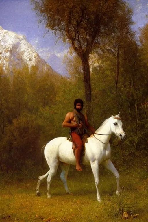 Prompt: A portrait of Rishi Sunak riding shirtless on a horse in the Siberian tudra by Alfred Bierstadt