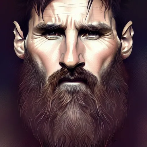 Image similar to Lionel Messi with a majestic beard, closeup, D&D, fantasy, intricate, elegant, highly detailed, digital painting, artstation, concept art, matte, sharp focus, illustration, art by Artgerm and Greg Rutkowski and Alphonse Mucha