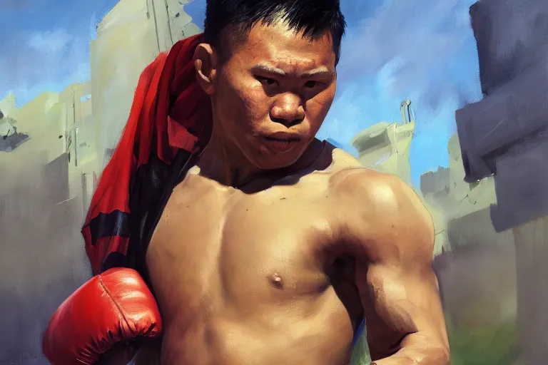 Image similar to greg manchess portrait of a filipino mma fighter victorious in arena, sunny day, matte painting, bold shapes, hard edges, street art, trending on artstation, by huang guangjian, gil elvgren, ruan jia, randy vargas, greg rutkowski