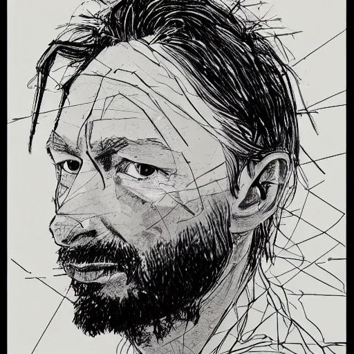 Image similar to a realistic yet scraggly portrait sketch of the side profile of a stern and sophisticated thom yorke, trending on artstation, intricate details, in the style of frank auerbach, in the style of sergio aragones, in the style of martin ansin, in the style of david aja, in the style of mattias adolfsson