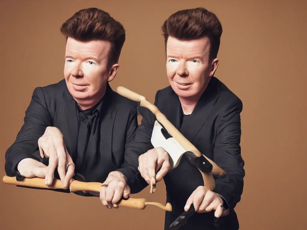 Image similar to rick astley using a rolling pin, sharp detail, cinematic