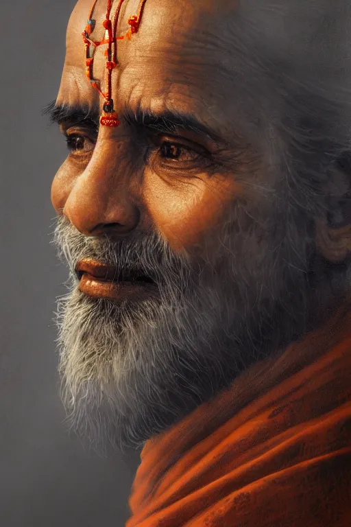 Image similar to hindu priest, close - up portrait, devoted, intricate, elegant, volumetric lighting, scenery, digital painting, highly detailed, artstation, sharp focus, illustration, concept art, ruan jia, steve mccurry