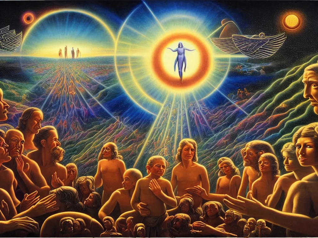 Image similar to a beautiful future for human evolution, spiritual evolution, divinity, enlightenment, utopian, by david a. hardy, wpa, public works mural, socialist