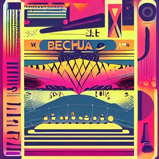 Prompt: beautiful cool graphic design setlist for pitchfork festival, illustration of instruments and stage bauhaus style shapes bright colors psychedelic stickers bold text design, set list of bands saturday and sunday