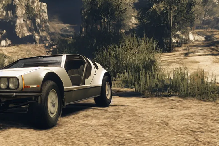 Image similar to photograph of a 1 9 2 2 delorean, by red dead redemption 2, by grand theft auto v