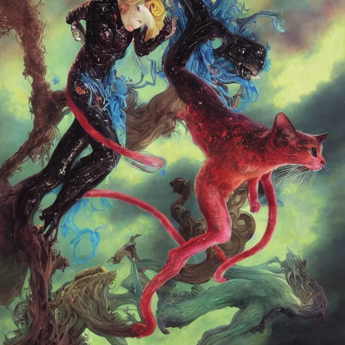 Prompt: a portrait photograph of brie larson as a brightly colored cat hybrid super hero witch with wet mutated scaled skin. wearing a infected transparant organic catsuit. by tom bagshaw, donato giancola, hans holbein, walton ford, gaston bussiere, peter mohrbacher, brian froud and iris van herpen. 8 k, cgsociety