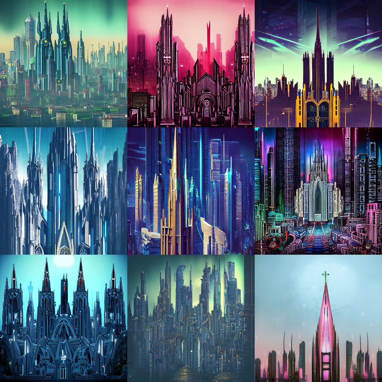 Prompt: detailed photo of a beautiful skyline with cyberpunk art deco cathedral