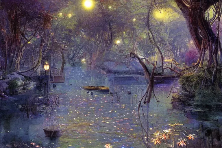 Image similar to A Mystic River, The River Is Full of Lights, Mysticism, Artwork, Watercolor, Cinematic, Exposure, Slit-Scan Photography, 4k, Ultra-HD, Incandescent, Ray Tracing Reflections, insanely detailed and intricate, elegant, ornate, hyper realistic, super detailed by Dorothea Tanning, by Bruce Pennington