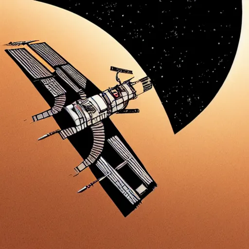 Image similar to very detailed, ilya kuvshinov, mcbess, rutkowski, illustration of a space station orbiting a desert planet