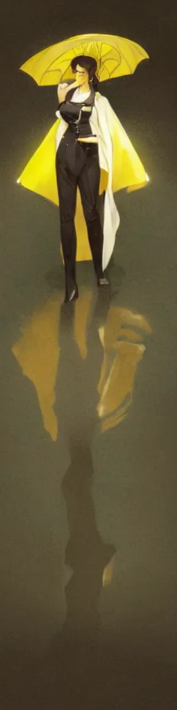 Image similar to A very tall, slender woman wearing black puffy clothes and holding a yellow umbrella, sharp focus, intricate, elegant, digital painting, artstation, matte, highly detailed, concept art, illustration, ambient lighting, art by artgerm, Alphonse mucha, and Greg Rutkowski