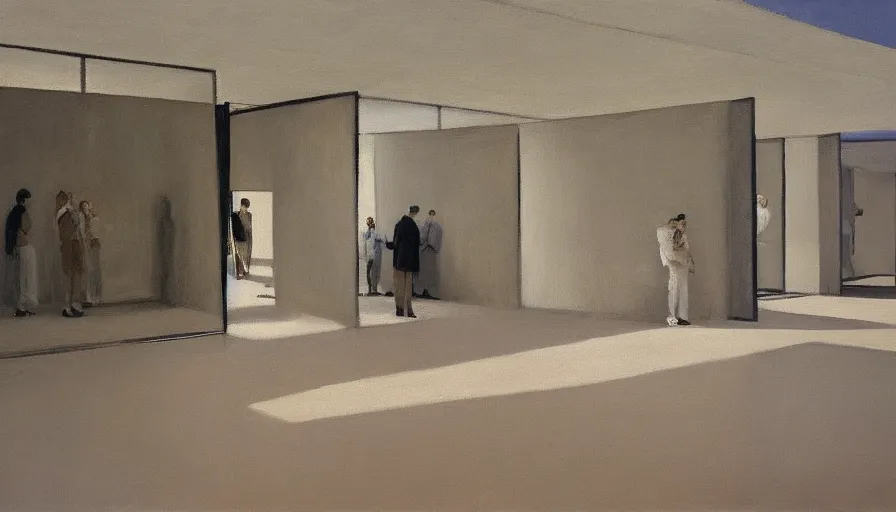 Image similar to painting by borremans, barcelona pavilion, detailed, stunning