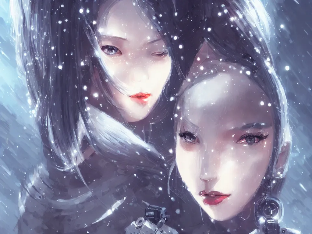 Image similar to portrait cyber warrior girl, grey hair dieselpunk wardrobe, in tokyo cyberpunk snowy night, ssci - fi and fantasy, intricate and very very beautiful and elegant, digital painting, artstation, concept art, smooth, illustration, art by yam - pixiv