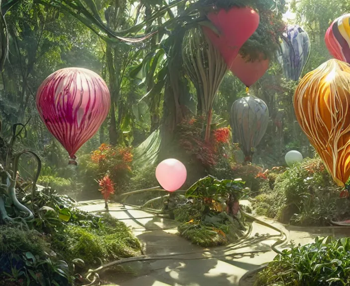 Image similar to transparent clear see - through image of twisting balloons, lush botany, floral environment, ultra realistic, concept art, art nouveau, photorealistic, octane render, 8 k, unreal engine. art by gustave dore and nori inoguchi and sam kaplan and zachary goulko and christopher marley and artgerm and alphonse mucha