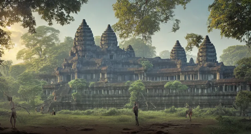 Image similar to Angkor Wat, lushious Jungle landscape, center composition, cinematic, rendered by simon stålenhag, rendered by Beeple, Makoto Shinkai, syd meade, environment concept, digital art, starwars, unreal engine, 3 point perspective, WLOP, trending on artstation, low level, 4K UHD image, octane render,