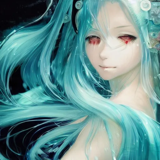 Prompt: clear portrait of anime girl hatsune miku which is drowned in water by a woman with red hair gathered in two twisted tails, water, light effect. hyper detailed, illustration, bloody, intricate, elegant, digital painting, artstation, smooth, sharp focus, art by artgerm and greg rutkowski and alphonse mucha.