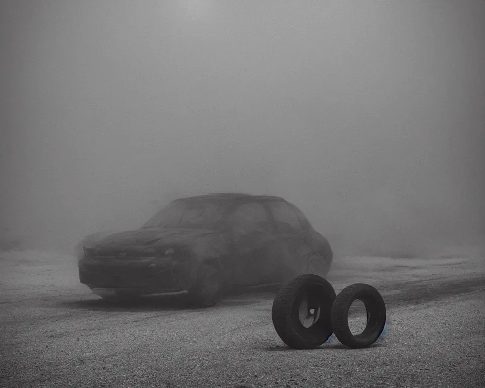 Image similar to a horror movie poster featuring a tire in a smokey desert