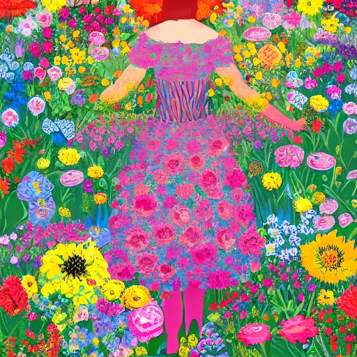 Prompt: a woman standing in a garden of flowers, a jigsaw puzzle by christen dalsgaard, featured on behance, maximalism, rich color palette, maximalist, vivid color