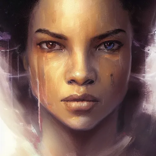 Prompt: portrait of a woman by greg rutkowski, young jedi knight, black, afro hair, pretty, star wars expanded universe, she is about 2 0 years old, wearing jedi robes, highly detailed portrait, digital painting, artstation, concept art, smooth, sharp foccus ilustration, artstation hq