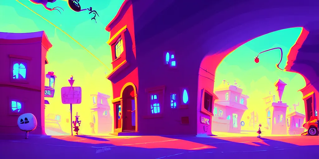 Image similar to curved perspective digital art of a summer small town street from nightmare before christmas by anton fadeev