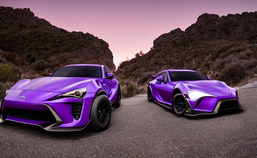 Prompt: Midnight purple 2 2022 Toyota gr86 with a widebody kit on a canyon drive at sunset overlooking the ocean, photorealistic render, 16k, trending on artstation, center focus, rule of thirds, octane render, volumetric lighting