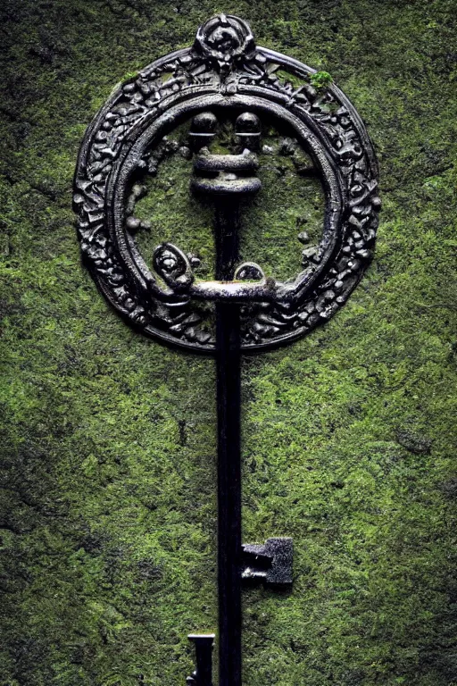 Prompt: mysterious intricate key of death, partially covered by moss and algae, on a perfectly black background, cgsociety