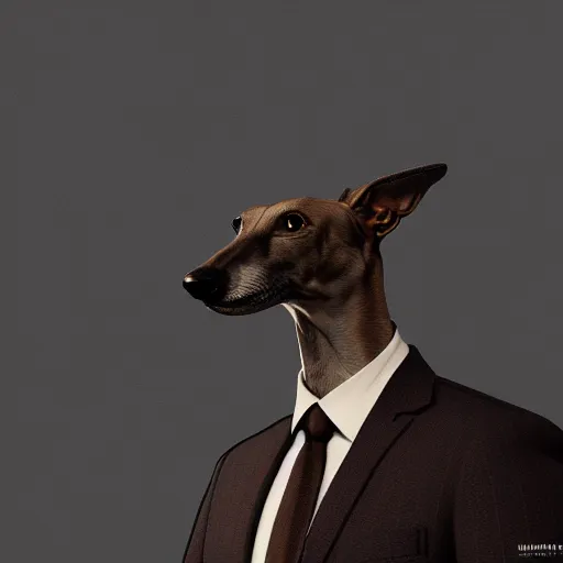 Prompt: painting of a greyhound in a suit, splash art, cinematic lighting, octane render, 35mm film grain