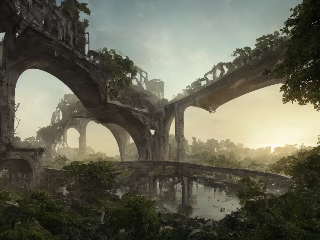 Image similar to a high magnificent broken bridge in a war-torn city, ruins, surrounded by lush green vegetation, stunning volumetric lighting, sunset, solid concrete, stunning skies, trending on Artstation, 8k, photorealistic, hyper detailed, unreal engine 5, IMAX quality, cinematic, epic lighting, in the style of DOOM and Quake and Le Corbusier and Greg Rutkowski