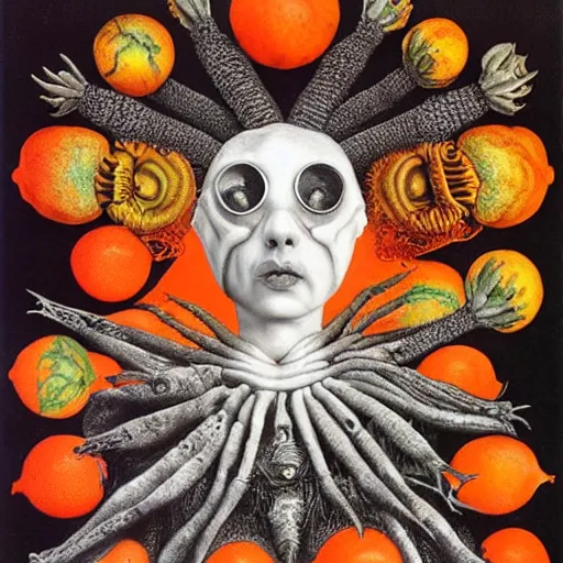 Image similar to black, white, orange album cover, aliens, psychedelic, giuseppe arcimboldo