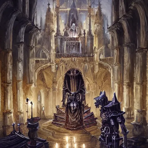 Prompt: Human skeleton, skeleton knight, wearing bandages, majesty in noble clothes, king resting on a throne inside a cathedral, old castle, oil painting, by Fernanda Suarez and Greg Rutkowski