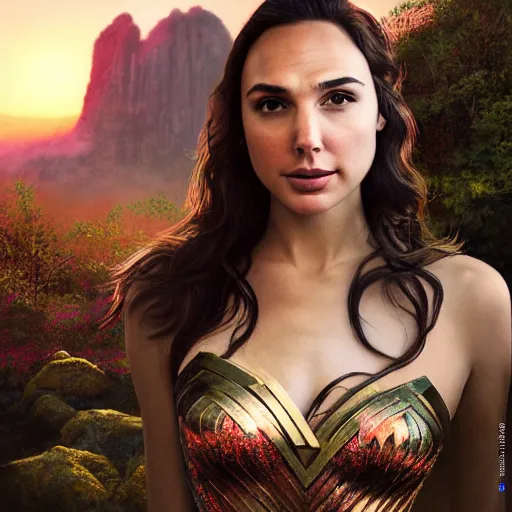 Image similar to Portrait of the beautiful woman Gal Gadot, she is posing, she has a crown of flowers, she is sitting on a rock in an ancient forest, there is fog, she is getting ulluminated by the rays of the sunset, the photo was taking by Steve McCurry, matte painting, oil painting, naturalism, 4k, 8k