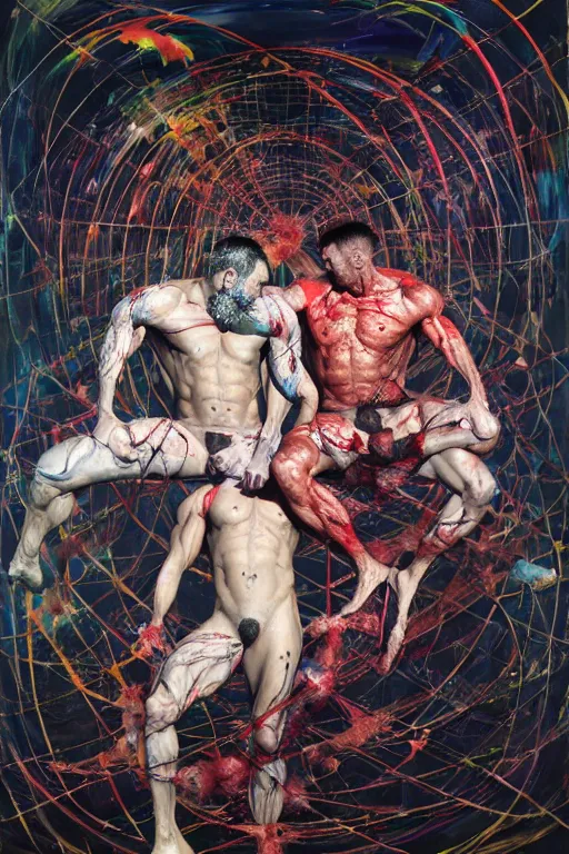 Image similar to muscular men entwined together, floating in space, inside a brutalist space ship, gothic, rich deep colours, painted by francis bacon, adrian ghenie, james jean and petra cortright, part by gerhard richter, part by jenny saville, part by takato yamamoto. 8 k 3 d epic