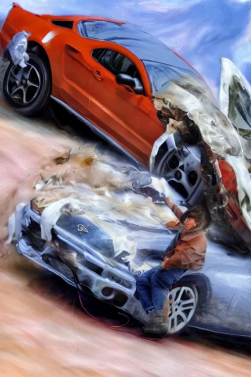 Image similar to richard hammond crashing a mustang, photorealism, vivid detail