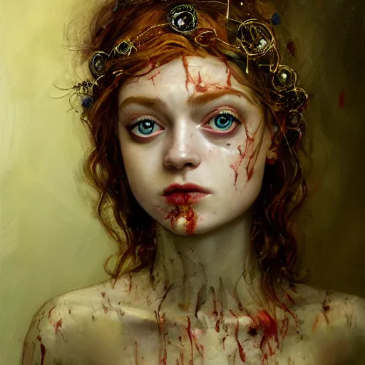 Image similar to sadie sink expressive oil painting, of helena bonham carter mixed with sophia lauren, bumpy mottled skin full of blood and scars, ornate headpiece made from crystals, cables and wires, body horror, by yoshitaka amano, by greg rutkowski, by jeremyg lipkinng, by artgerm, digital art, octane render