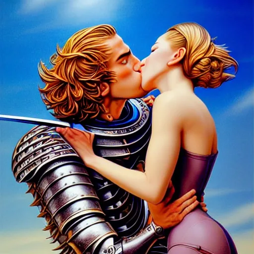 Prompt: beautiful woman kissing a knight, confident pose, blue sky, art by peter lloyd 1 9 8 0, airbrush style, art by hajime sorayama,, intricate, elegant, sharp focus, illustration, highly detailed, concept art, matte, sharp focus, illustration, highly detailed, concept art, h 6 4 0