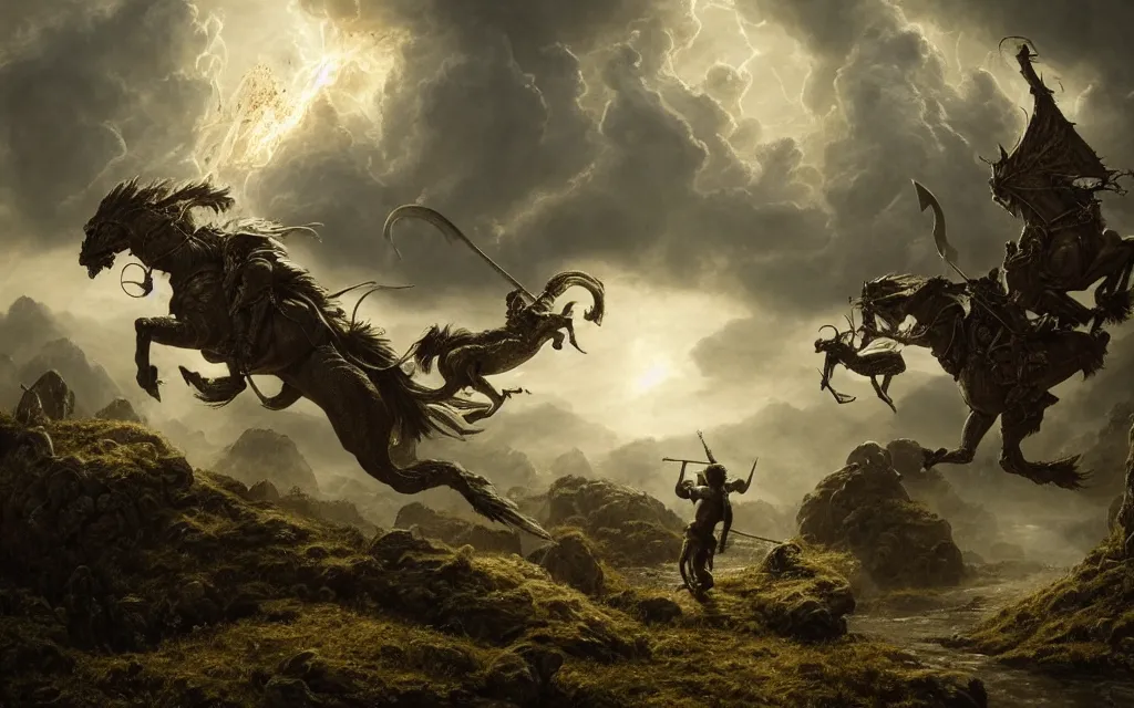 Prompt: st. george killing the dragon, fantasy composition, medieval adventurers in lord of the rings scenery landscape, magic portal in the sky, highly detailed, cinematic lighting, perfect composition, 4 k, gustave dore, derek zabrocki, greg rutkowski, belsinski, octane render, dark fantasy, intricate, elegant, highly detailed