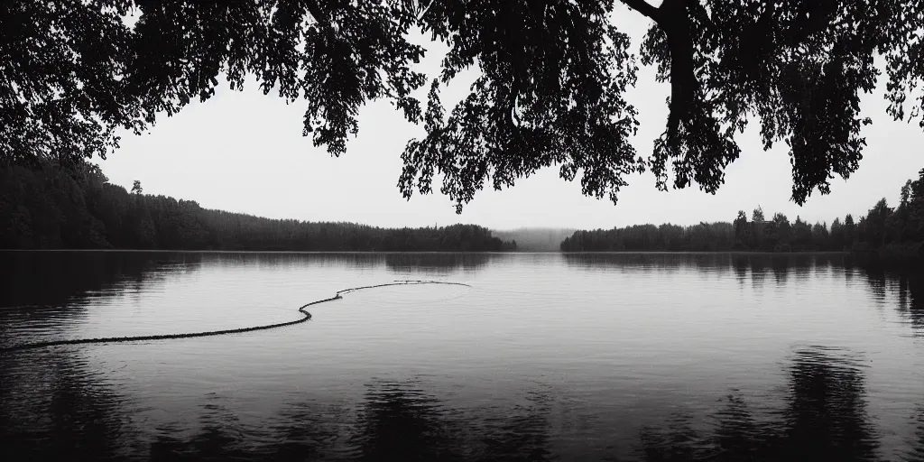 Image similar to centered subject on an infinitely long rope zig - zagging across the surface of the water into the distance, the floating submerged rope stretches out towards the center of the lake, a dark lake on an overcast day, atmospheric, color film, trees in the background, hyper - detailed photo, anamorphic lens