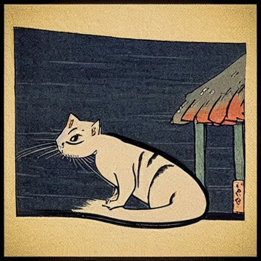 Image similar to “ a cat on a hot tin roof, by hokusai ”