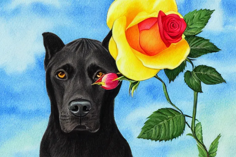 Prompt: anthro drawing of black dog with green eyes holding a rose, golden earring, watercolor, vivid colors, ocean background, sunny day, 4 k, puffy clouds, front page of art station, global illumination, chromatic abberation, very detailed