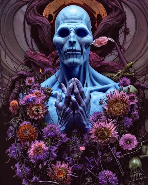 Prompt: the platonic ideal of flowers, rotting, insects and praying of cletus kasady ultimate carnage thanos dementor doctor manhattan chtulu nazgul davinci, detailed, intricate, hyperrealism, intense, scary, decay, dmt, art by brock hofer and artgerm and greg rutkowski and alphonse mucha