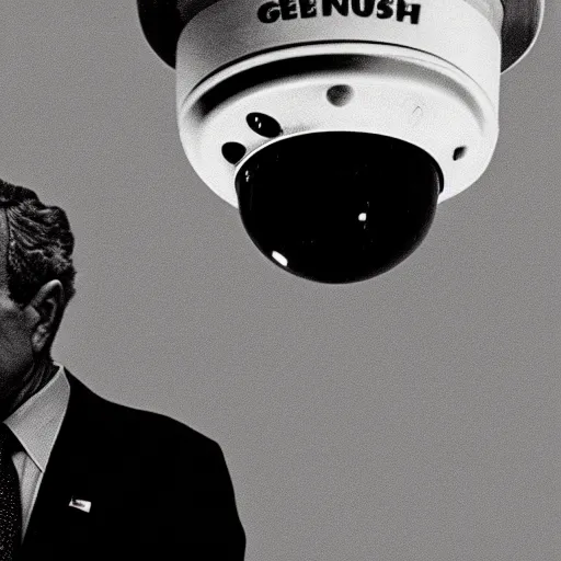 Image similar to George Bush on a cctv camera, late at night in the woods, black and white, blurry footage