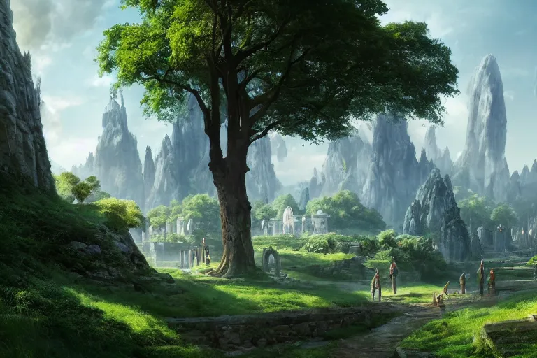 Prompt: An elven city at the base of a lush green hill with white monoliths surrounded by a moat, clear blue skies in the background, by Greg Rutkowski,Richard Sigamani, 8k photorealistic, cinematic lighting, HD, high details, dramatic, trending on artstation