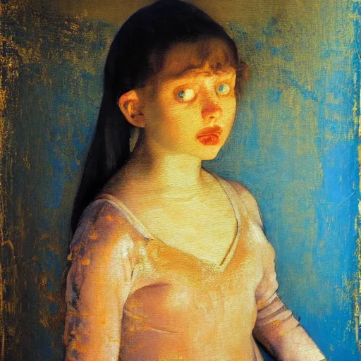 Prompt: palette knife oil painting portrait of a young girl in a blue and gold haunted liminal room, film still by goya, by balthus, by pontormo, extreme detail, liminal aesthetic, artgerm, deviant art, octane, substance, art history 8 k, art nouveau